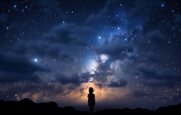 Illustration of a girl looking up into space at night. 